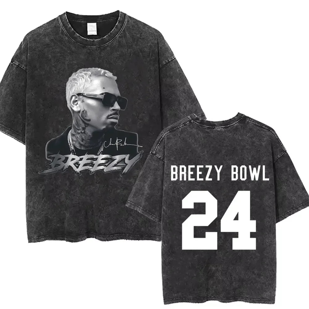 Vintage Washed Chris Brown Graphic T-shirt Breezy Bowl XX Tour 2025 Merch T Shirts Men Women Hip Hop Fashion Oversized T-shirts