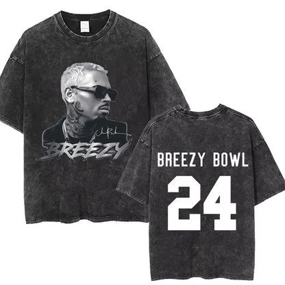 Vintage Washed Chris Brown Graphic T-shirt Breezy Bowl XX Tour 2025 Merch T Shirts Men Women Hip Hop Fashion Oversized T-shirts