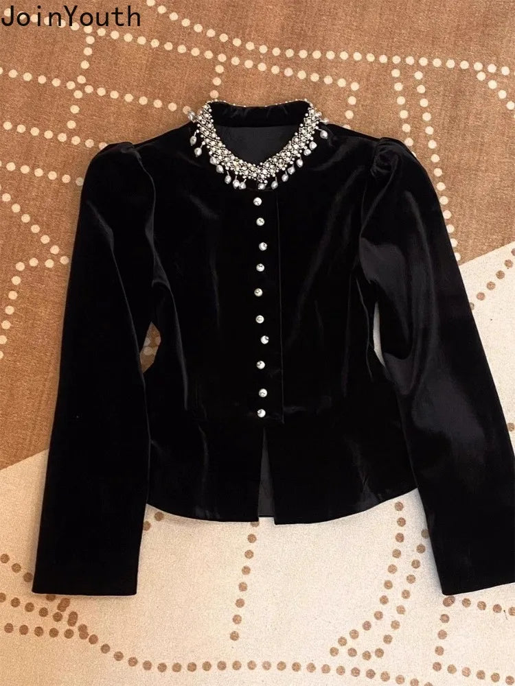 Blouses for Women Black Heavy Beading O-neck Puff Sleeve Shirts 2025 Blusas Mujer De Moda Slim Fit Velvet Vintage Blouse Tops