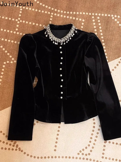 Blouses for Women Black Heavy Beading O-neck Puff Sleeve Shirts 2025 Blusas Mujer De Moda Slim Fit Velvet Vintage Blouse Tops