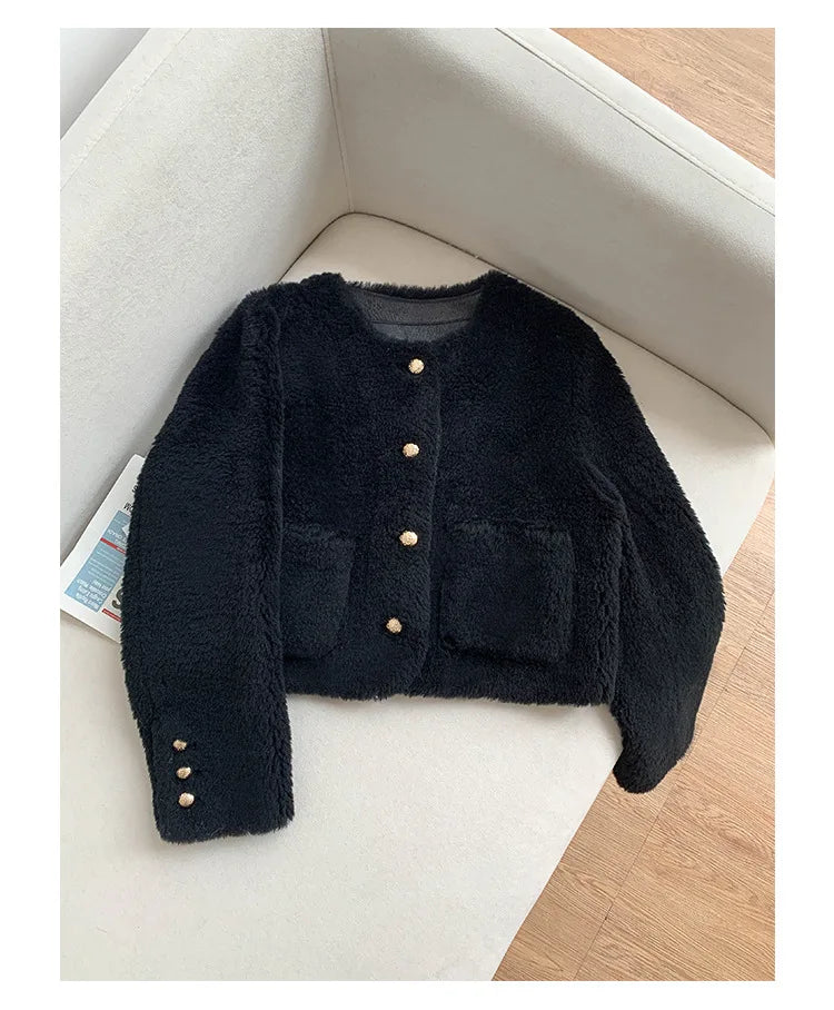 Woman Genuine Sheepskin Jackets Coat Female Winter Shearling Coats Real Lamb Fur O-neck Natural  Outewear  Overcoat G152