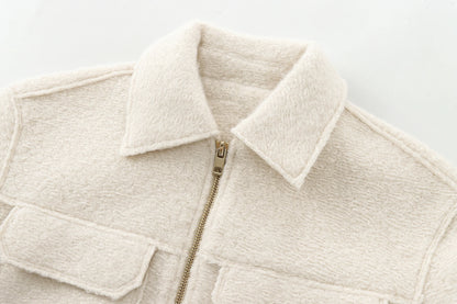 XNWMNZ 2024 Women's Fashion Autumn/Winter crop jacket Women Retro lapel neck long sleeve flaps patch pockets zipper female coat