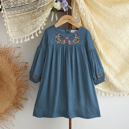 Bear Leader Korean Version Long Sleeve Blue Girls dresses on clearance sale Autumn Imitation Denim Flower Embroidery Dress