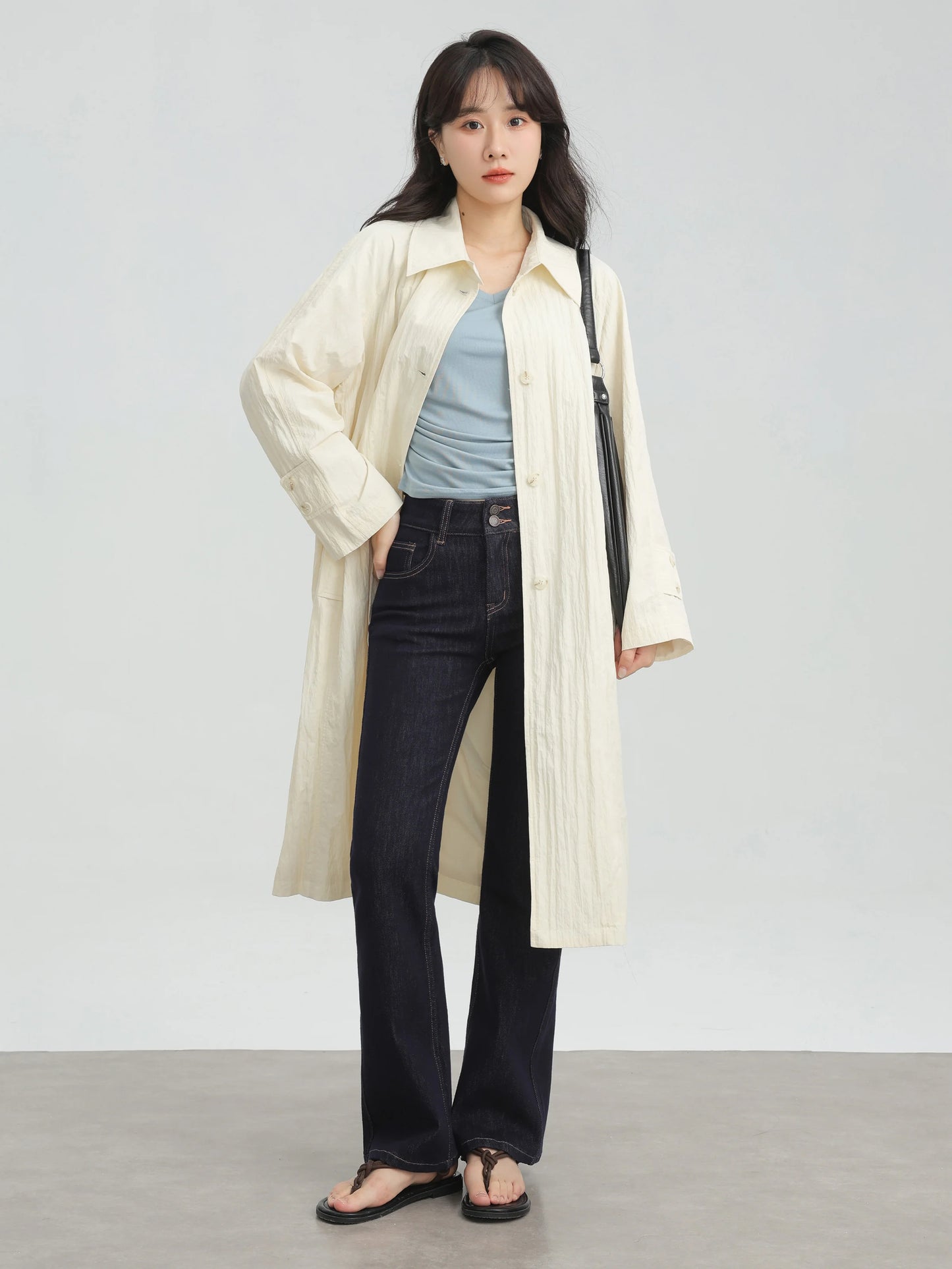 Wrinkled Double Cuff Belted Sleeve Trench Coat Women Loose Fit Lapel Collar Outerwear 2025 Casual Mid-Length Stylish Overcoat