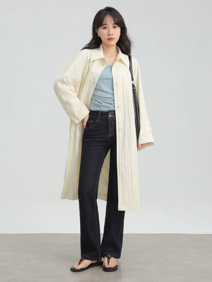 Wrinkled Double Cuff Belted Sleeve Trench Coat Women Loose Fit Lapel Collar Outerwear 2025 Casual Mid-Length Stylish Overcoat
