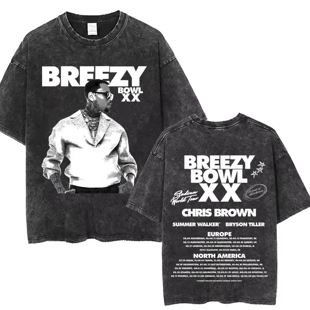 Vintage Washed Chris Brown Graphic T-shirt Breezy Bowl XX Tour 2025 Merch T Shirts Men Women Hip Hop Fashion Oversized T-shirts