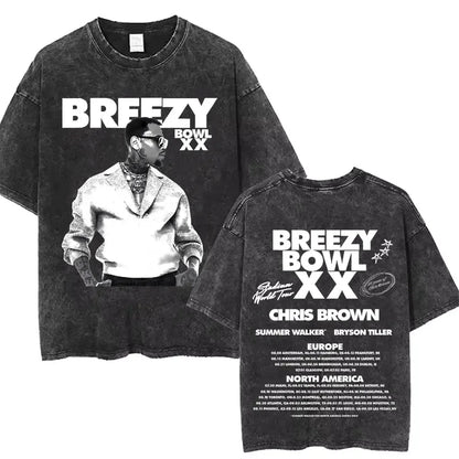 Vintage Washed Chris Brown Graphic T-shirt Breezy Bowl XX Tour 2025 Merch T Shirts Men Women Hip Hop Fashion Oversized T-shirts
