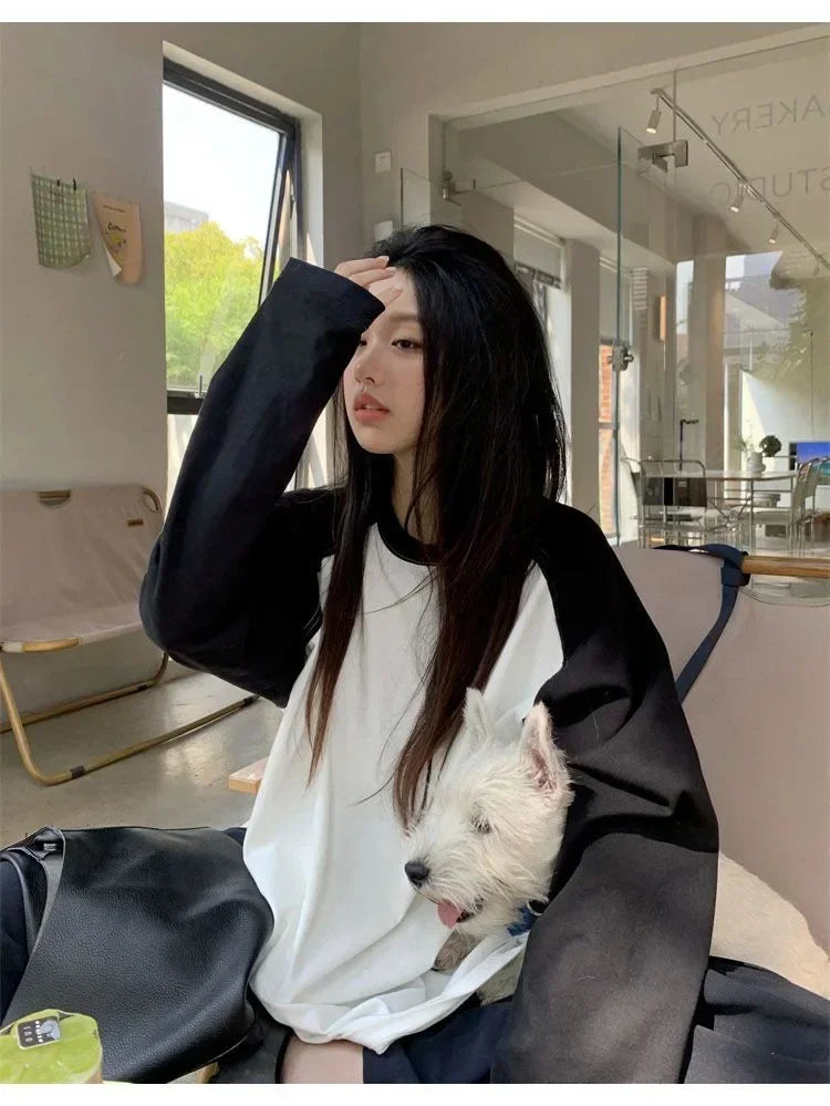 Casual Oversized T Shirt Y2k Tops Harajuku Long Sleeve O-Neck T-Shirts Spring Autumn Black White Patchwork Tees Women Streetwear