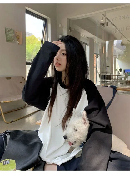 Casual Oversized T Shirt Y2k Tops Harajuku Long Sleeve O-Neck T-Shirts Spring Autumn Black White Patchwork Tees Women Streetwear