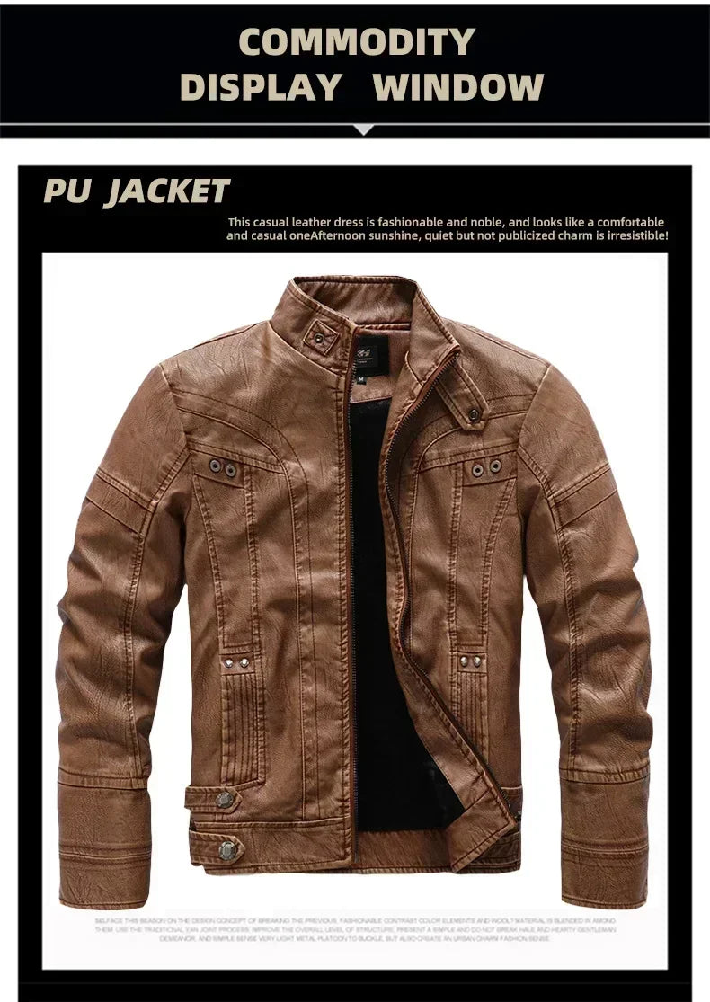 Coat Male vintage Casual Motor Biker Faux Leather Jacket Men Motorcycle Slim Fleece Jackets Autumn Winter Fashion Leather Jacket