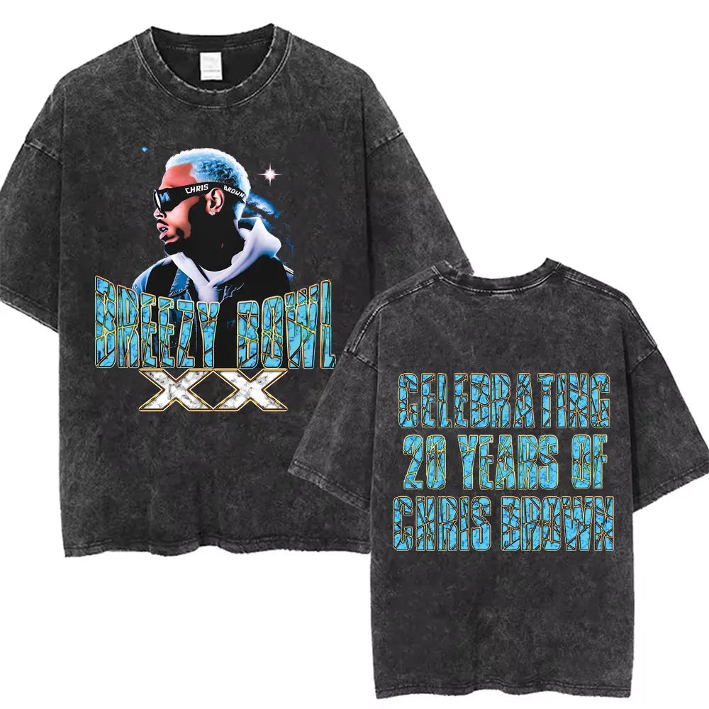 Vintage Washed Chris Brown Graphic T-shirt Breezy Bowl XX Tour 2025 Merch T Shirts Men Women Hip Hop Fashion Oversized T-shirts