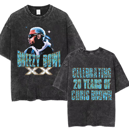 Vintage Washed Chris Brown Graphic T-shirt Breezy Bowl XX Tour 2025 Merch T Shirts Men Women Hip Hop Fashion Oversized T-shirts