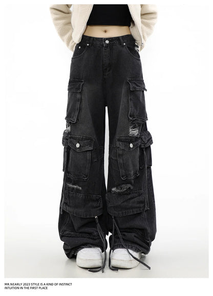 Women Y2k American Retro Mutil Pockets Cargo Jeans 90s Vintage 2000s Jean Pants Trashy Clothes 2025 Black Baggy Cargo Jeans
