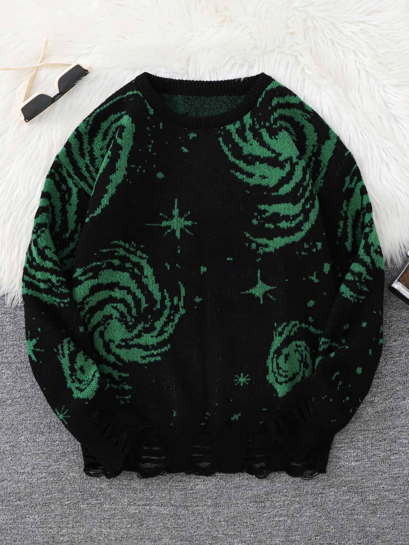 New Trendy Street Style Ripped Abstract Starry Sky Pattern Pullover Ripped Sweater Casual Crew Neck Knitted Men's Pullover