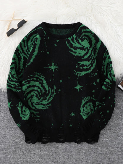 New Trendy Street Style Ripped Abstract Starry Sky Pattern Pullover Ripped Sweater Casual Crew Neck Knitted Men's Pullover