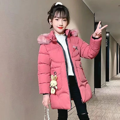 5-14 Years Old Winter Boys Girls Jacket Long Style Hooded Fur Collar Colorful Heavy Coat For Kids Children Outerwear