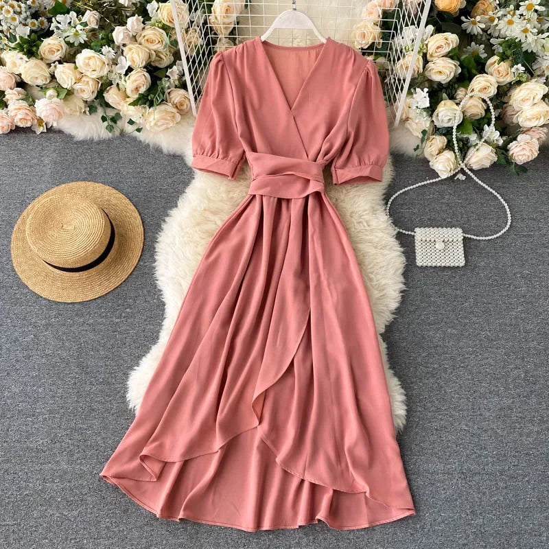 Women's Dress Spring New Temperament V-neck Solid Color Bubble Short-sleeved Irregular Ruffle Edge Lacing Dress Leisure Vestidos
