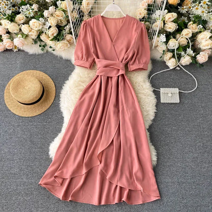 Women's Dress Spring New Temperament V-neck Solid Color Bubble Short-sleeved Irregular Ruffle Edge Lacing Dress Leisure Vestidos