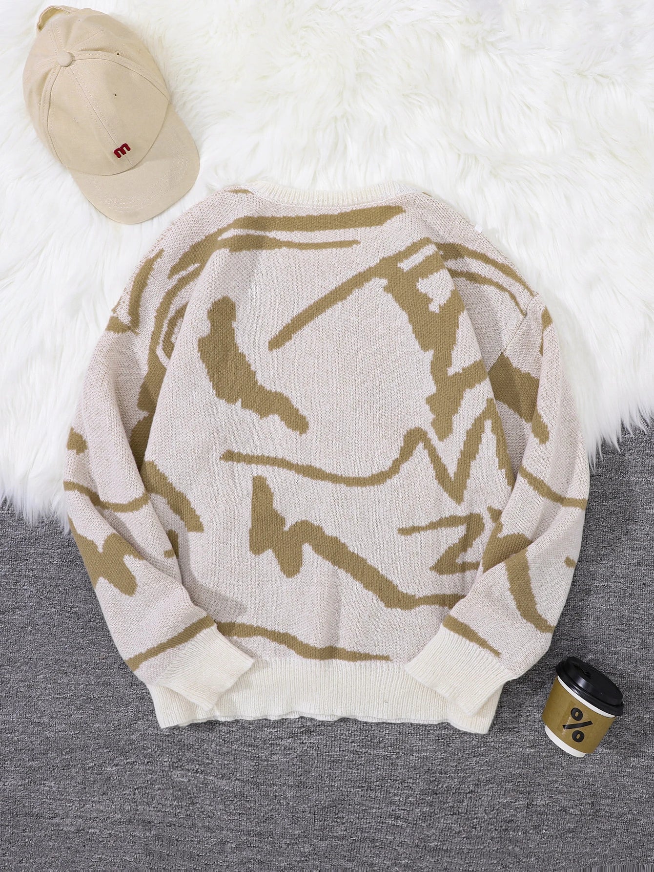 New Popular Spring Autumn Graffiti Jacquard Pattern Pullover Sweater Casual Round Neck Contrast Color Knitted Men's Pullover
