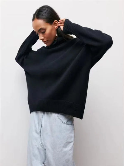 Original Light Luxury O-neck Knit Sweater Autumn And Winter Women's Elegant Loose Mock Neck Solid Color Warm Outerwear Sweater