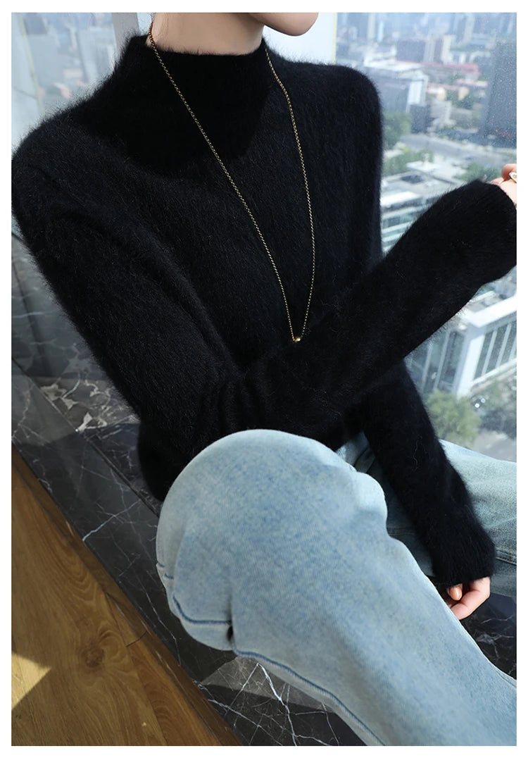 100% Pure Mink Cashmere Knitted Sweater Women's Semi-High Neck Loose Pullovers Casual Joker Warm Bottoming Shirt Autumn Blouse