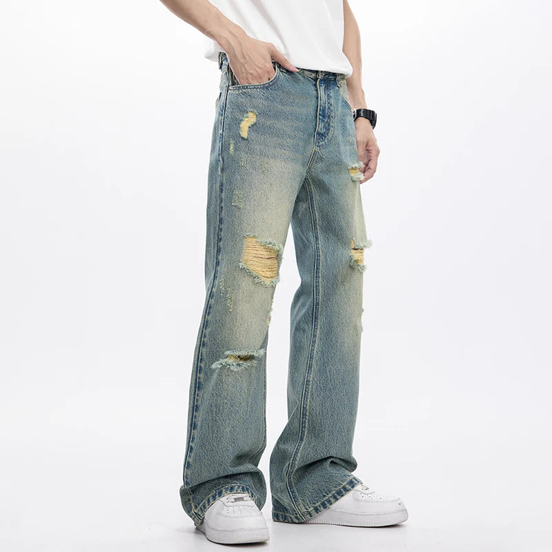 KSTUN Flared Jeans Men Booocut Jean Streetwear Denim Pants Ripped Hollow Out Vintage Jeans Men Distressed Frayed Americian Style