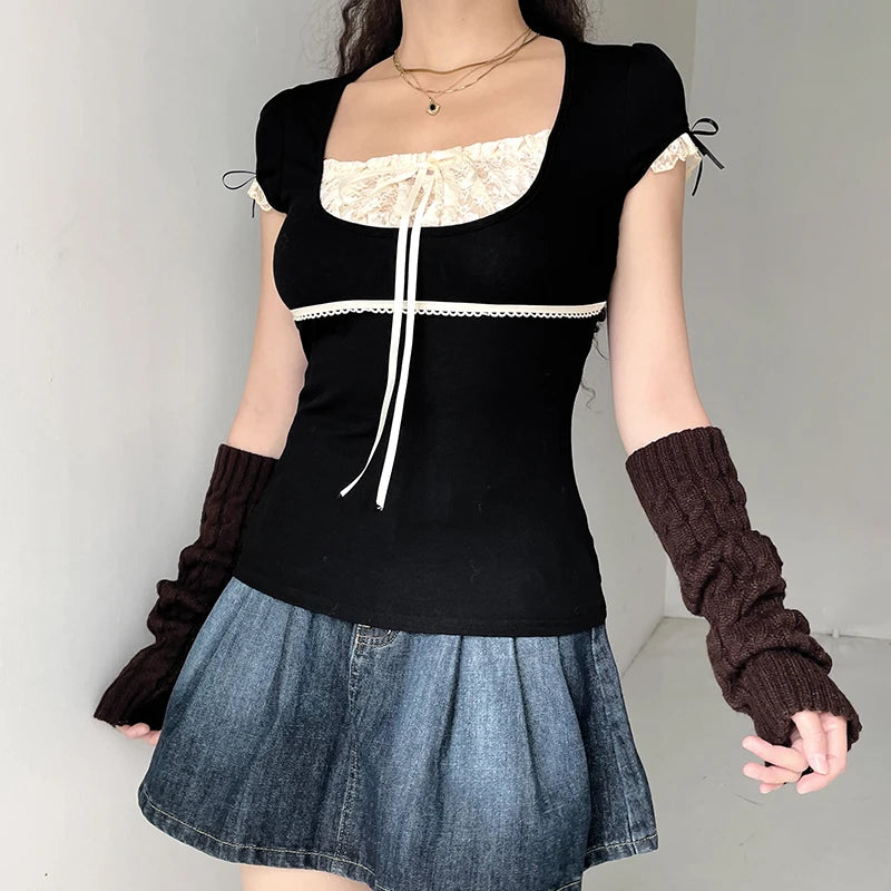 Y2k Lace Trim Crop Top Bow Cute Sweet Square Neck Tee Short Sleeve Harajuku Casual T Shirt Women Prepply Retro Korean Top Summer