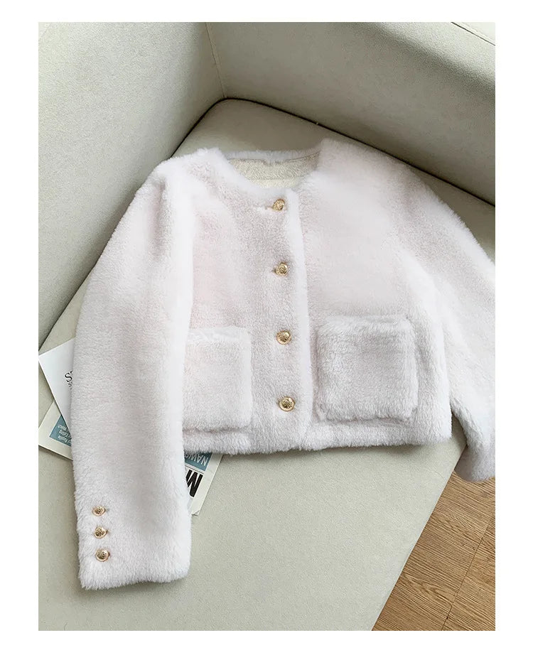 Woman Genuine Sheepskin Jackets Coat Female Winter Shearling Coats Real Lamb Fur O-neck Natural  Outewear  Overcoat G152