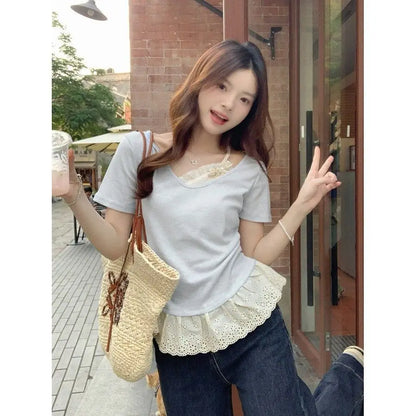 Sexy Off-shoulder Top for Women Versatile Summer Casual Fake Two-piece Waist-cinching Lace Spliced Short-sleeve T-shirt Trendy