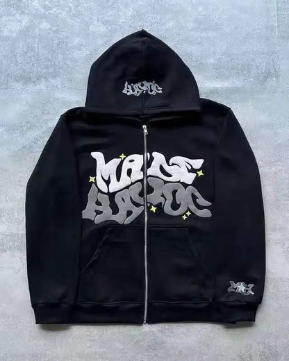 Retro Star and Letter Printed Zipper Hoodies 2025 Spring Autumn Harajuku Y2K Women and Men Fashion Hip Hop Long Sleeve Hooded