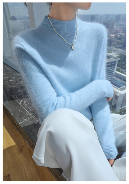 100% Pure Mink Cashmere Knitted Sweater Women's Semi-High Neck Loose Pullovers Casual Joker Warm Bottoming Shirt Autumn Blouse