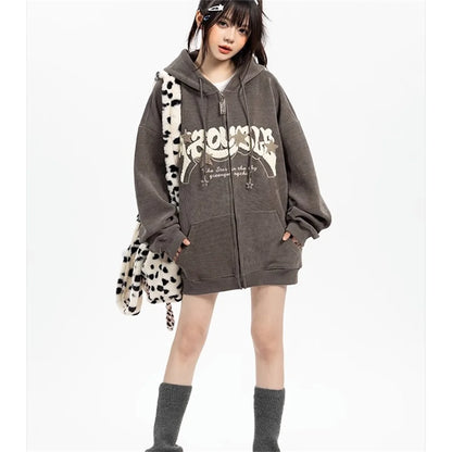 Fashion Embroidery Zip Up Hoodies Women Autumn Long Sleeve Tops Loose Hood Shirt Harajuku Y2K Clothes Female Sweatshirt Jacket