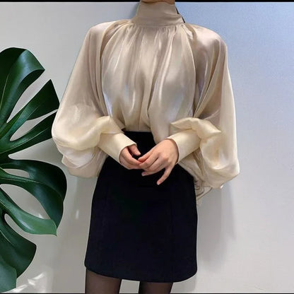 Ele Women's irt Design Spring Season Sa  Knot Chiffon Lantern Sve Top French Sle Loose Fit Long Sve