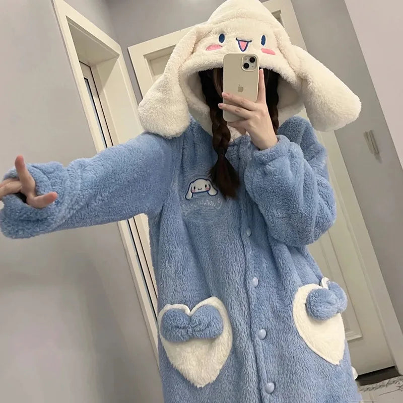 Miniso Kawaii Hellokitty Plush Robes Girls Cute Sanrio Anime Y2K Pajamas Hooded Blanket Casual Fleece Sleepwear Women Clothing