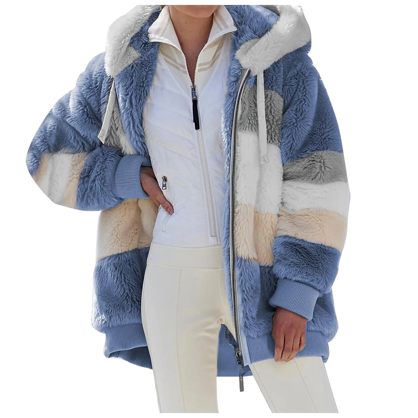New Autumn/Winter Loose Plush Zipper Hooded Coat for Women