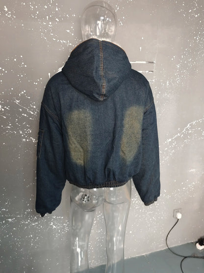 PFNW Menswear Thickened Denim Quilted Padded Jackets Autumn Winter Trend 2024 New Oversized Fur Collar Hooded Cotton-padded Coat