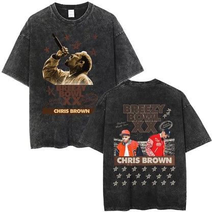 Vintage Washed Chris Brown Graphic T-shirt Breezy Bowl XX Tour 2025 Merch T Shirts Men Women Hip Hop Fashion Oversized T-shirts