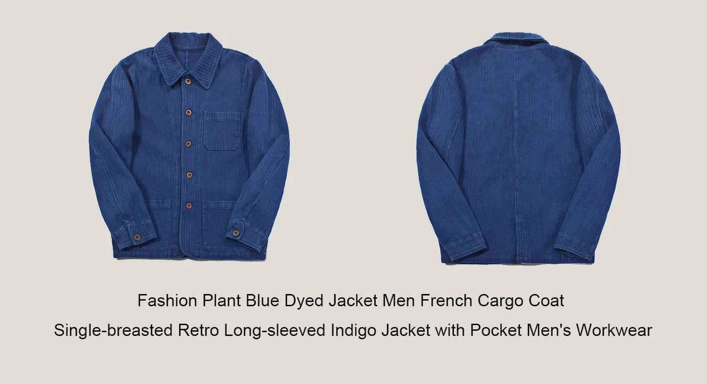 Indigo Cargo Jacket Men Vintage Heavy Weight Cotton Blue Dyed Workwear Tooling Jacket French Retro Multi-pocket Cardigan Coat