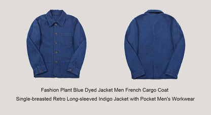 Indigo Cargo Jacket Men Vintage Heavy Weight Cotton Blue Dyed Workwear Tooling Jacket French Retro Multi-pocket Cardigan Coat