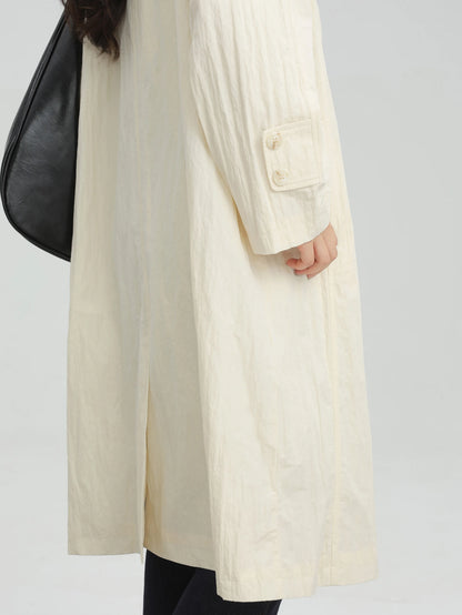 Wrinkled Double Cuff Belted Sleeve Trench Coat Women Loose Fit Lapel Collar Outerwear 2025 Casual Mid-Length Stylish Overcoat
