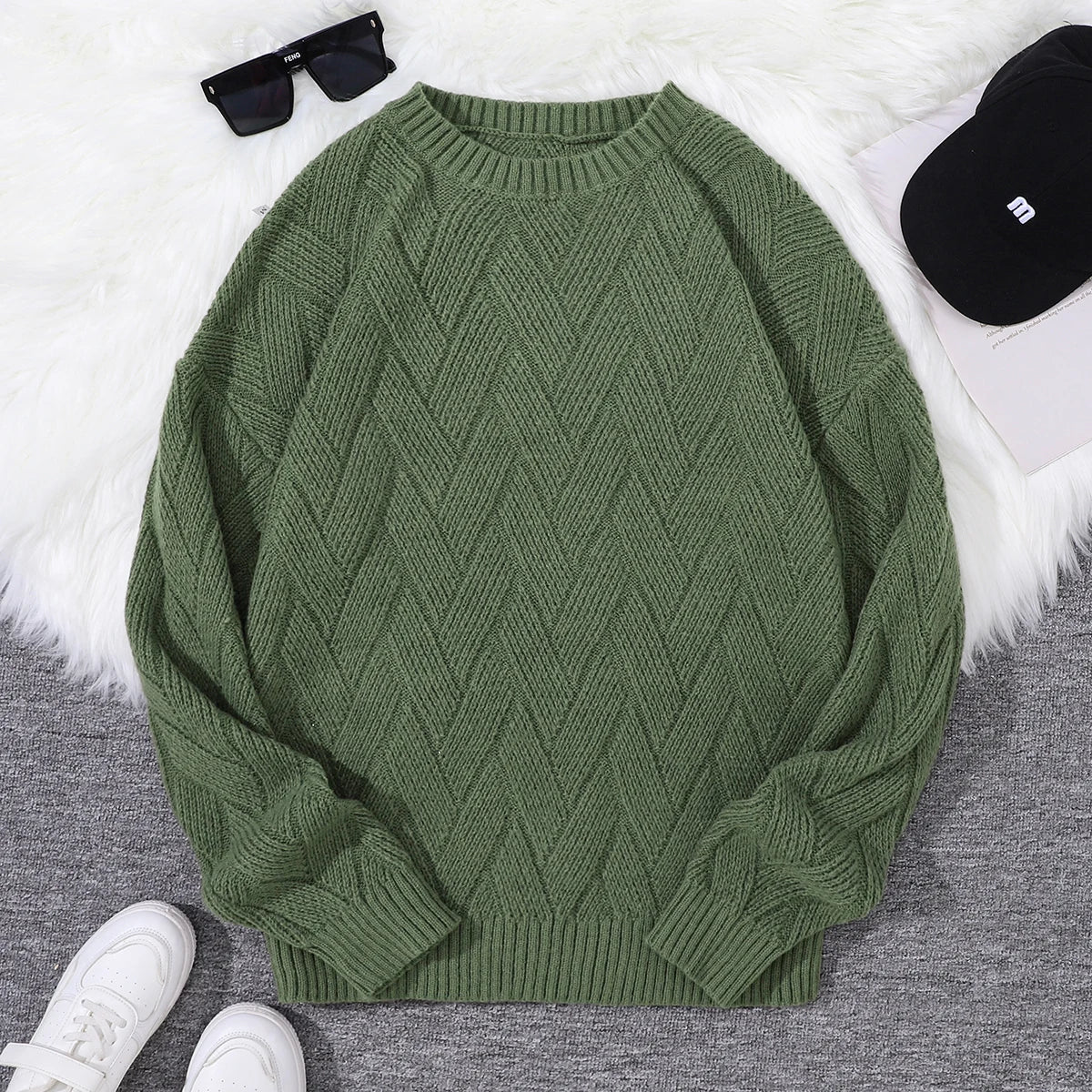 New Japanese-Style Round-Neck Couple's Sweater, Plain Knit, Casual Versatile Trendy Men's Long-Sleeve Sweater Top