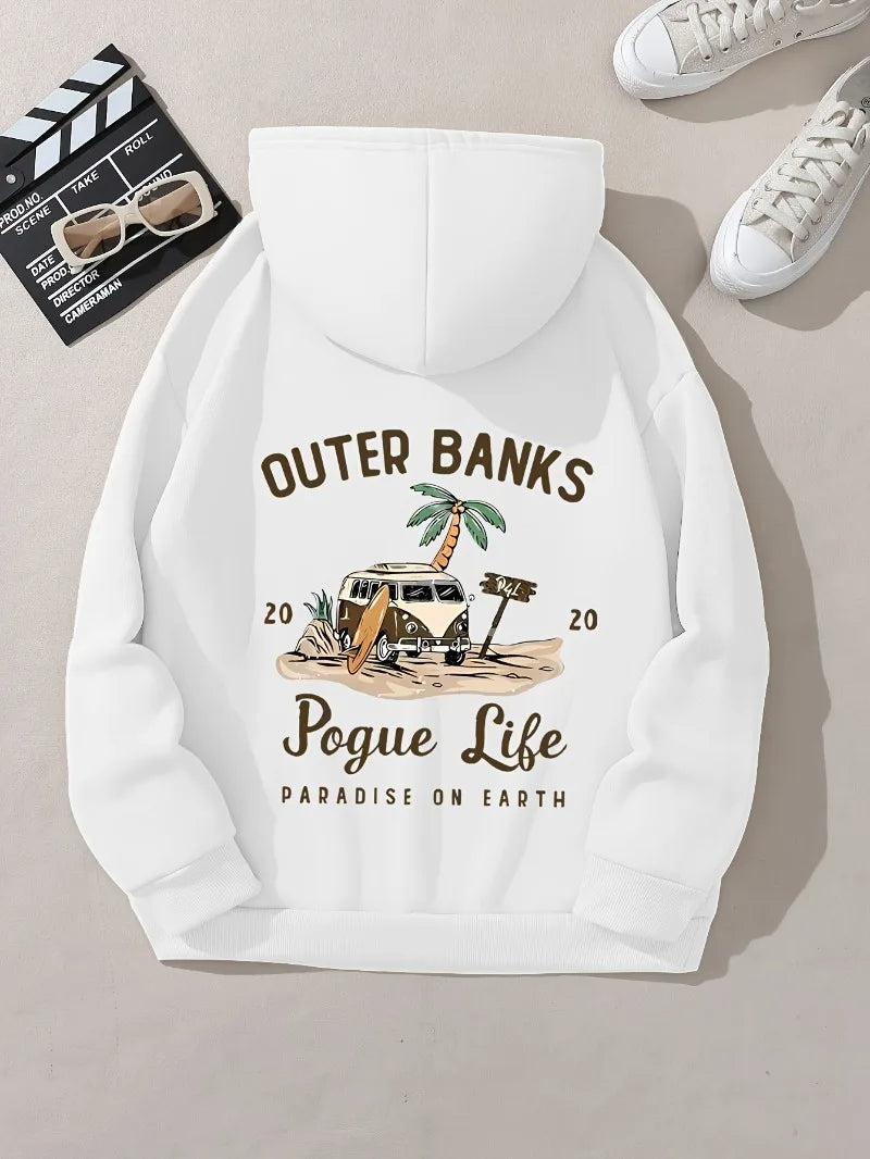 Cozy Hoodie Women's Casual Hoodie  Outer Banks Pogue Life Letter Print  Beach Graphic Kangaroo Pocket Cozy Autumn Apparel Trendy