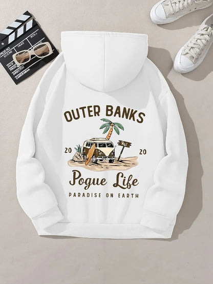 Cozy Hoodie Women's Casual Hoodie  Outer Banks Pogue Life Letter Print  Beach Graphic Kangaroo Pocket Cozy Autumn Apparel Trendy