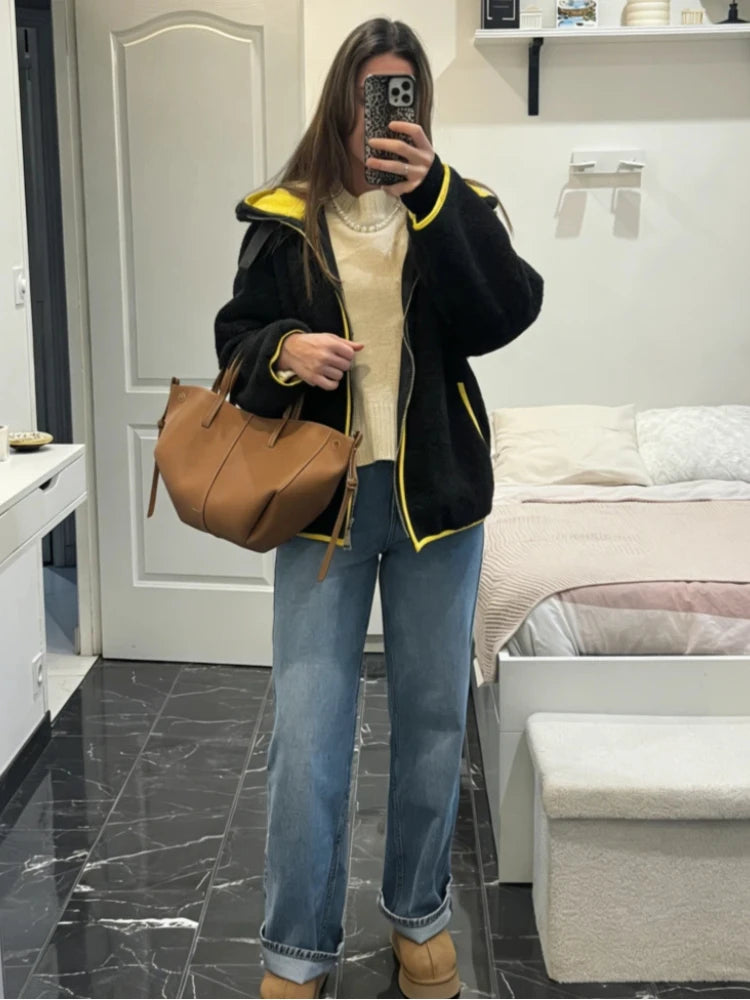 Patchwork Knit Women's Cardigan Coat Lapel Zipper Pockets Full Sleeve Sweater For Woman Autumn Winter Lady Jacket Outerwear