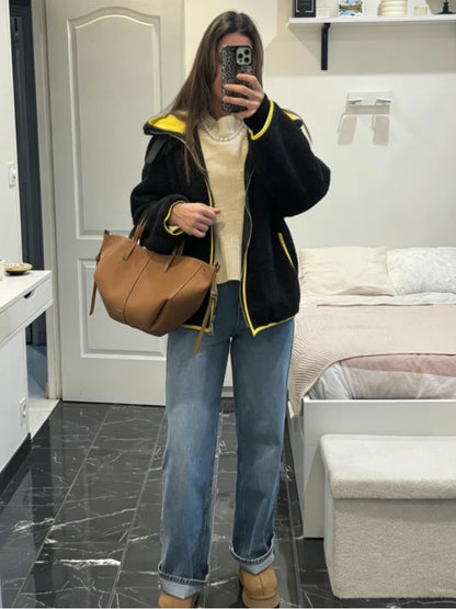 Patchwork Knit Women's Cardigan Coat Lapel Zipper Pockets Full Sleeve Sweater For Woman Autumn Winter Lady Jacket Outerwear