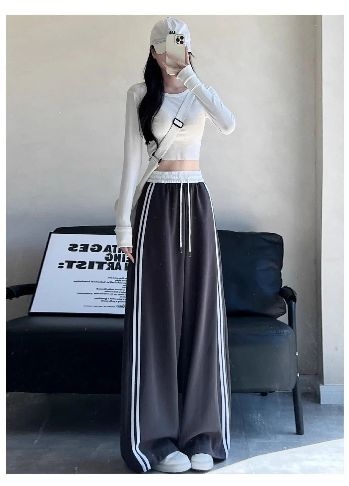 High Waist Wide Leg Pants Women's Spring Autumn New Style Loose American Knife Edge Sports Trousers Color Block Striped
