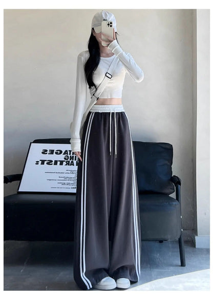 High Waist Wide Leg Pants Women's Spring Autumn New Style Loose American Knife Edge Sports Trousers Color Block Striped