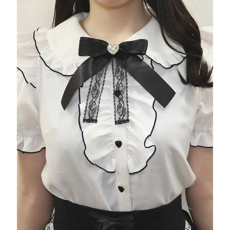 Sweet Lolita Fashion All Match Blouses Women Japanese Summer Y2k Aesthetic Ruffled Bow Shirts Girly Kawaii Patchwork Tops Blusas