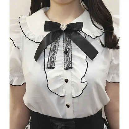 Sweet Lolita Fashion All Match Blouses Women Japanese Summer Y2k Aesthetic Ruffled Bow Shirts Girly Kawaii Patchwork Tops Blusas