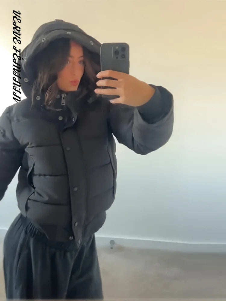 Hooded Faux Fur Collar Padded Coat Women Elegant Lantern Full Sleeve Single Breasted Pocket Ruched Winter Coats Chic Outerwears